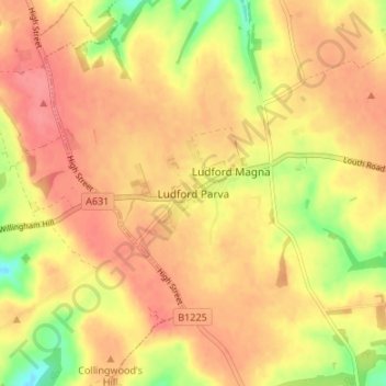 Carte topographique Ludford Parva, altitude, relief