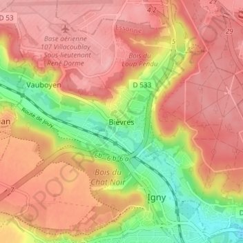 Carte topographique Bièvres, altitude, relief