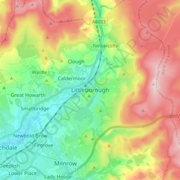 Carte topographique Littleborough, altitude, relief