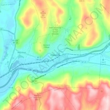 Carte topographique Oneonta, altitude, relief