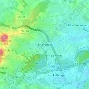 Carte topographique Ehlerange, altitude, relief