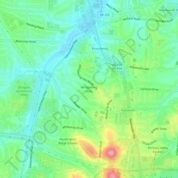Carte topographique Whispering Hills, altitude, relief