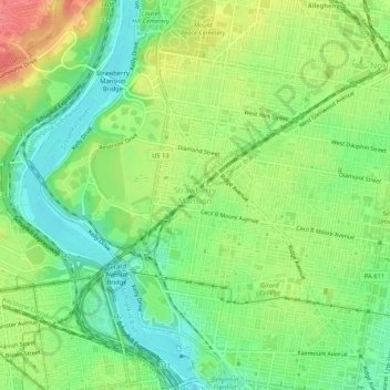 Carte topographique Strawberry Mansion, altitude, relief