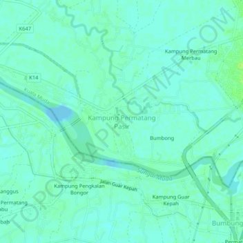 Carte topographique Kampung Permatang Pasir, altitude, relief