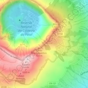 Carte topographique Miradouro da Caldeira, altitude, relief