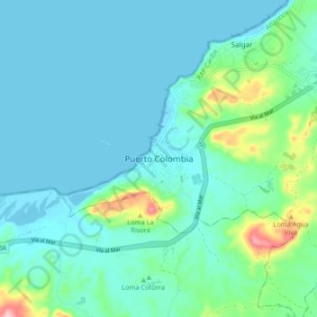 Carte topographique Puerto Colombia, altitude, relief