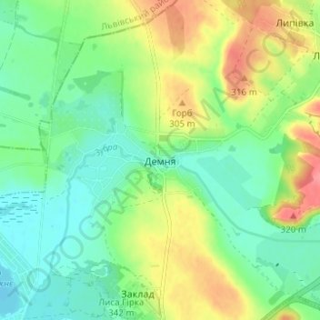 Carte topographique Демня, altitude, relief