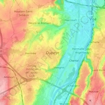 Carte topographique Oupeye, altitude, relief