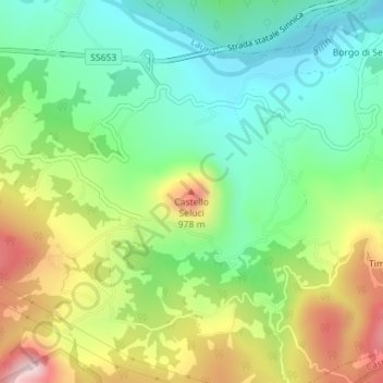 Carte topographique Castello Seluci, altitude, relief