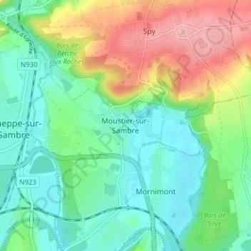 Carte topographique Moustier-sur-Sambre, altitude, relief
