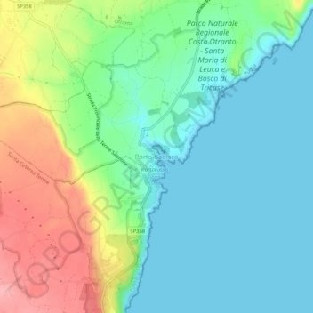 Carte topographique Porto Badisco, altitude, relief