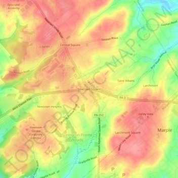 Carte topographique Newtown Square, altitude, relief