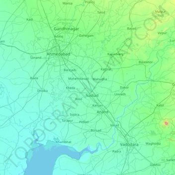Carte topographique Kheda, altitude, relief