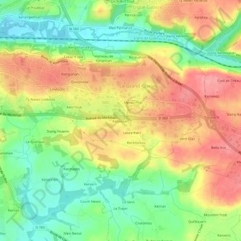 Carte topographique Kerjaouen, altitude, relief