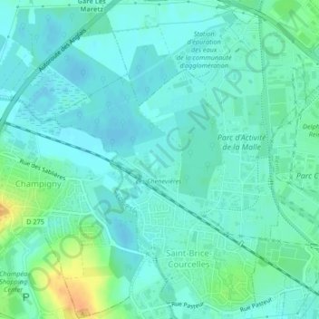 Carte topographique Les Marais de Courcelles, altitude, relief