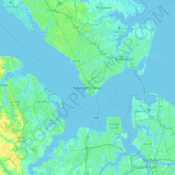 Carte topographique Newport News, altitude, relief