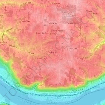 Carte topographique Delhi Hills, altitude, relief