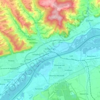 Carte topographique Simbach am Inn, altitude, relief