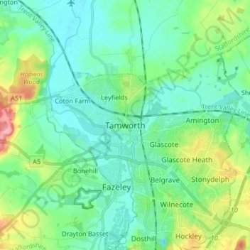 Carte topographique Tamworth, altitude, relief