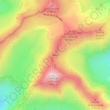 Carte topographique Col de la Bonette, altitude, relief