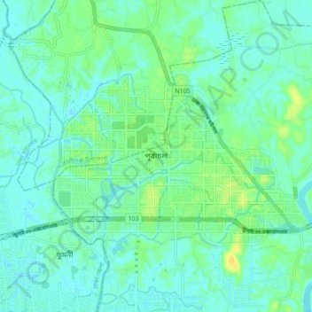 Carte topographique Purbachal, altitude, relief