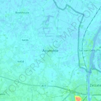 Carte topographique Assenede, altitude, relief