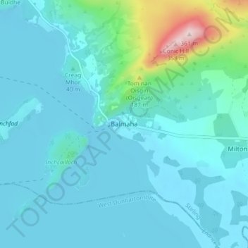 Carte topographique Balmaha, altitude, relief