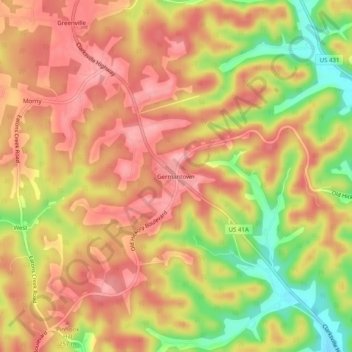 Carte topographique Germantown, altitude, relief