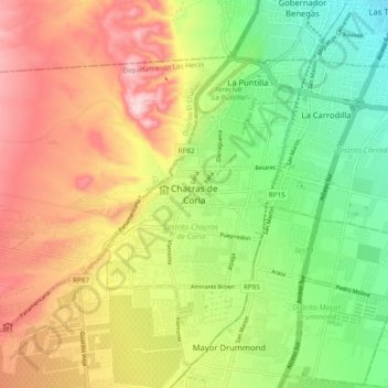 Carte topographique Chacras de Coria, altitude, relief