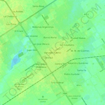 Carte topographique Venado Tuerto, altitude, relief