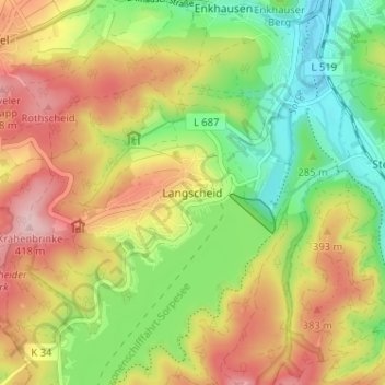 Carte topographique Langscheid, altitude, relief
