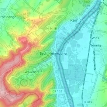 Carte topographique Bech-Kleinmacher, altitude, relief