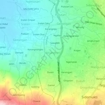 Carte topographique Kecandran, altitude, relief