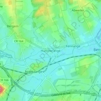 Carte topographique Huncherange, altitude, relief
