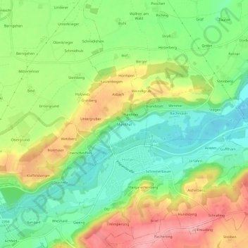 Carte topographique Mühlthal, altitude, relief