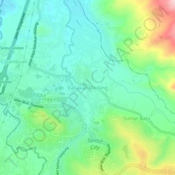 Carte topographique Babakan Madang, altitude, relief