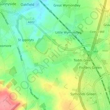 Carte topographique Redcoats Green, altitude, relief