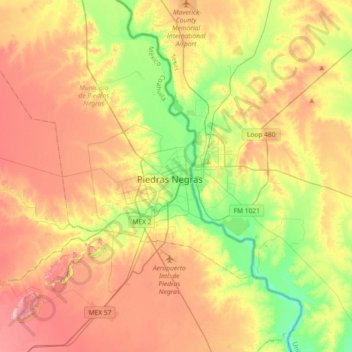 Carte topographique Piedras Negras, altitude, relief
