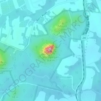 Carte topographique Mount Tibrogargan, altitude, relief