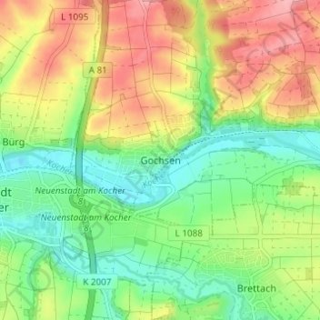 Carte topographique Gochsen, altitude, relief