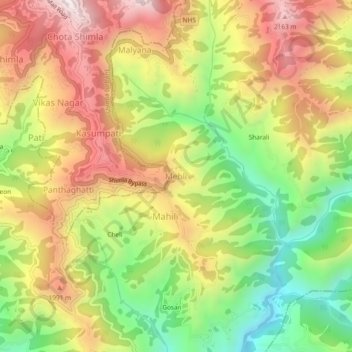 Carte topographique Mehli, altitude, relief
