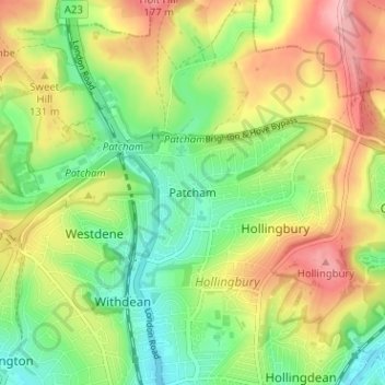 Carte topographique Patcham, altitude, relief