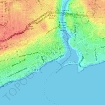 Carte topographique Zona Colonial, altitude, relief