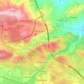 Carte topographique Pancuran Dua, altitude, relief