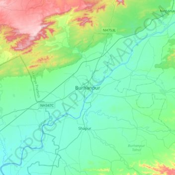 Carte topographique Burhanpur, altitude, relief