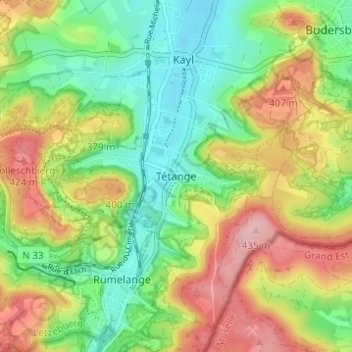 Carte topographique Tétange, altitude, relief