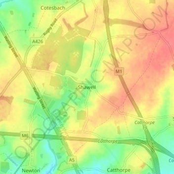 Carte topographique Shawell, altitude, relief