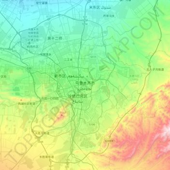 Carte topographique Ürümqi, altitude, relief