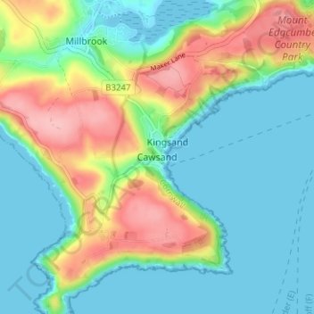 Carte topographique Cawsand, altitude, relief