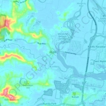 Carte topographique Bli Bli, altitude, relief